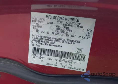 2007 Ford Explorer Sport Trac Limited из США, поврежденный, VIN 1FMEU53837UA15809